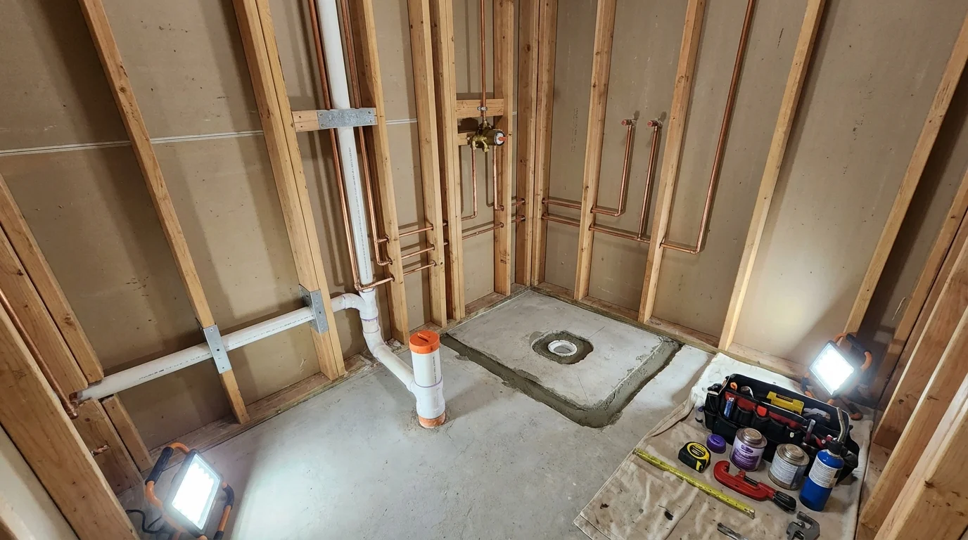 Bathroom rough-in plumbing during remodel by Johns Plumbing LLC in Pearl