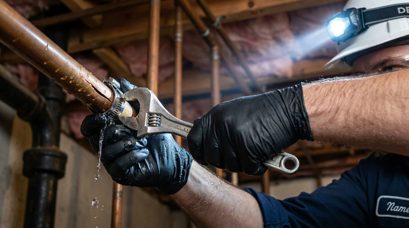 Emergency pipe clamp repair being performed by a Johns Plumbing LLC plumber in Pearl