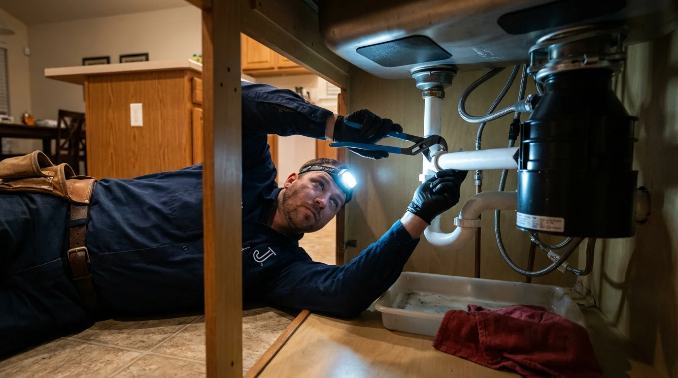 P-trap and supply line connections under a kitchen sink showing a common leak point in Pearl, MS